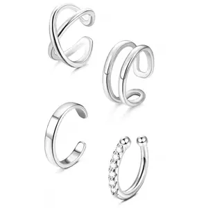 THUNARAZ 4 Pcs 925 Sterling Silver Ear Cuffs for Women No Piercing Minimalist Helix Fake Piercing Cartilage Cuff Earrings 4 Styles Criss Cross Double Lines Fake Cartilage Piercing for Christmas Gift