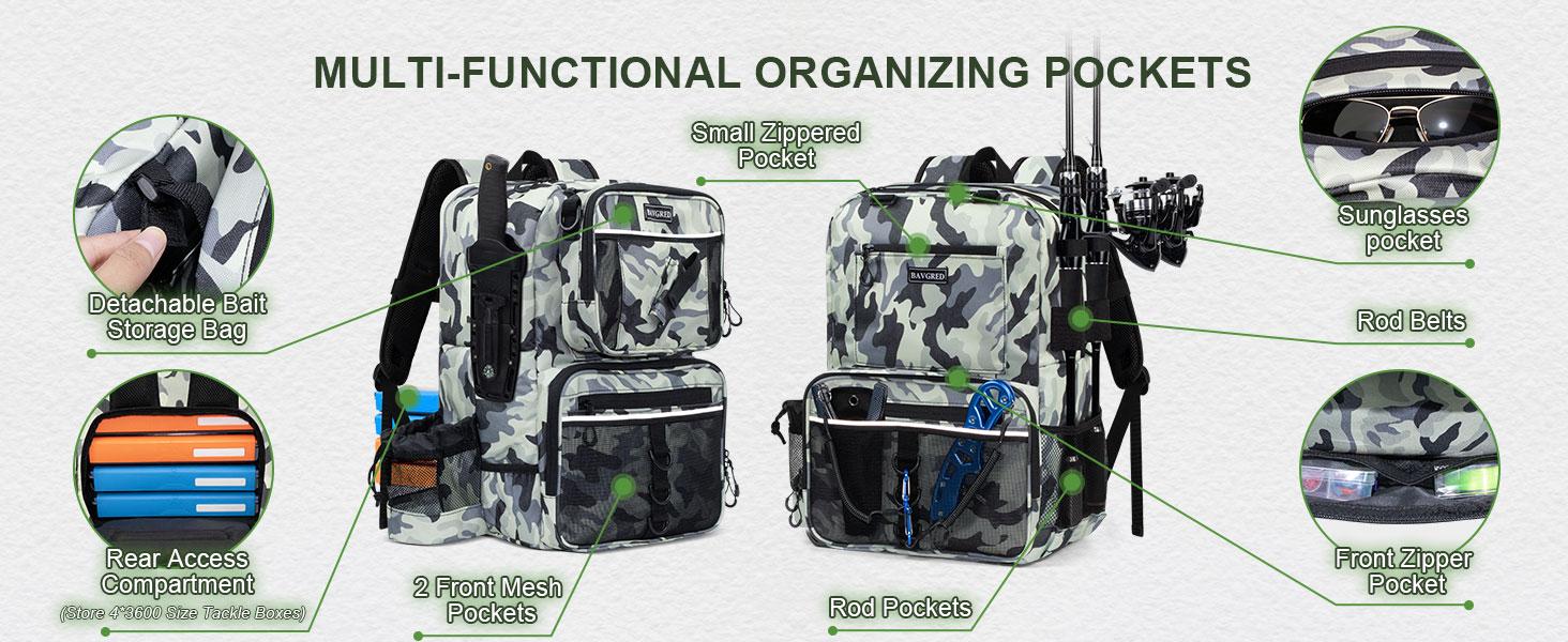 Fishing Backpack with Removable Bait Binder, Water-Resistant Tackle Storage Bag with Rod Holders & Adjustable Compartments,Fishing Gear Bag