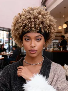 Afro Kinky Curly Headband Wig Short Afro Wigs for Black Women Synthetic Kinky Curly Headband Wigs with Bangs for Women Natural Looking Synthetic Hair for Daily Use Synthetic Material Wigs