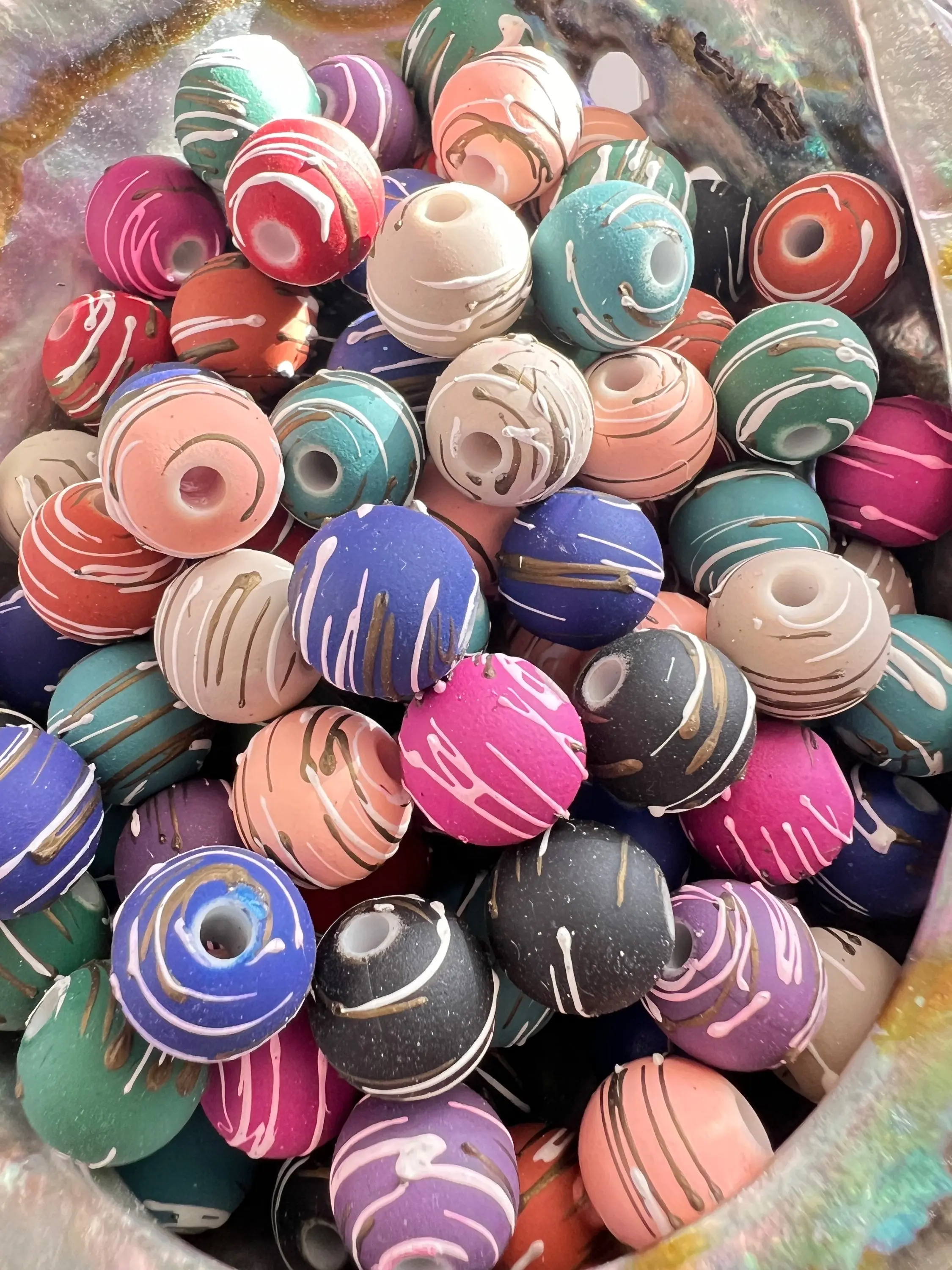 SB10- (10PCS) 11mm Round Matte Dark Colored Acrylic Hand painted Swirl Beads For DIY