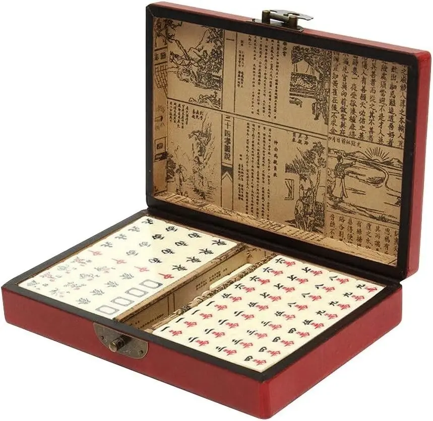 Vintage Chinese Mahjong Set, 144 Small Tiles, Portable Compact Travel-Friendly Entertainment Game Set with Case Box