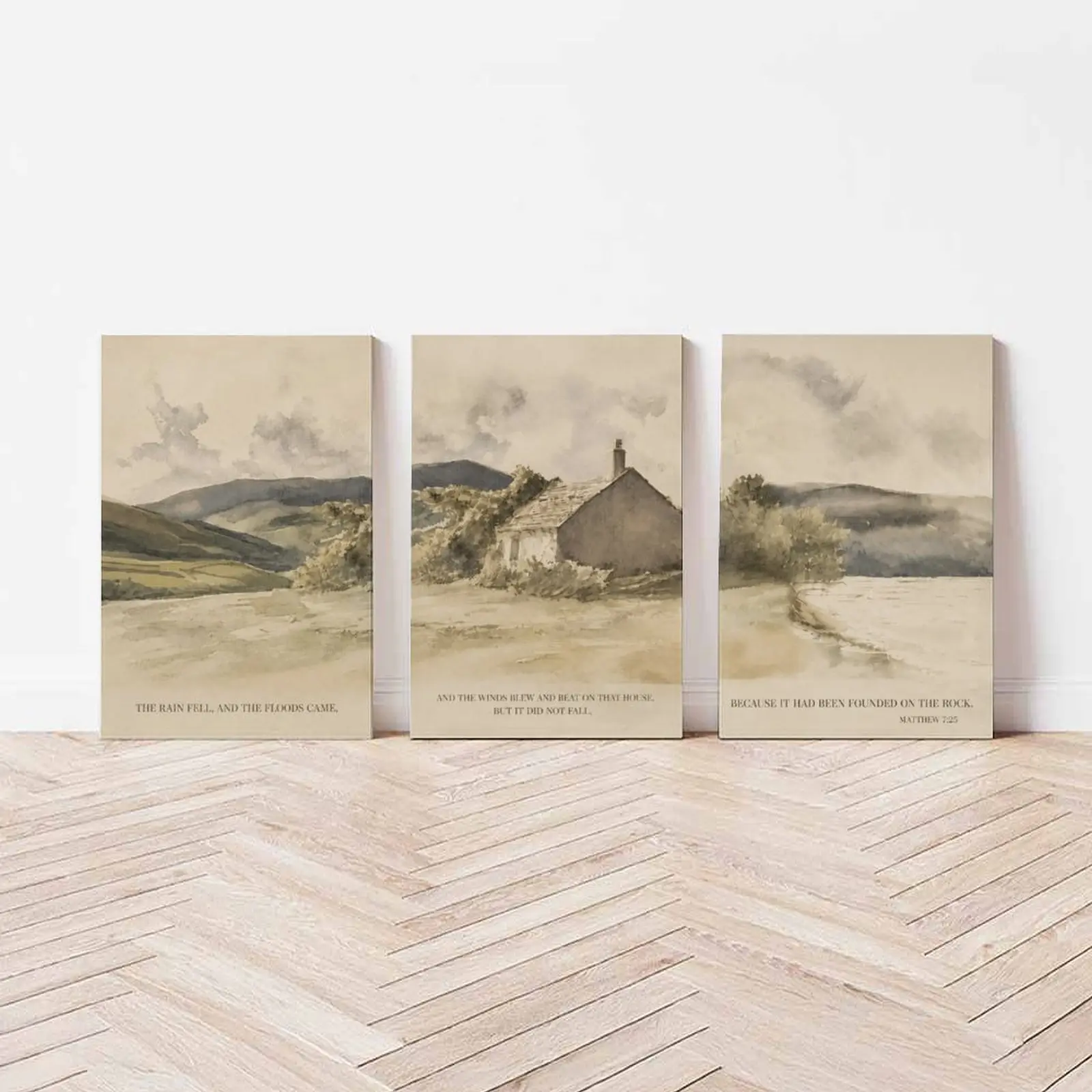 Natural Christian Triptych Poster Wall Art - Easter Religious Decor, Flood Cabin Jesus Vintage Prints with Spiritual Messages, Encourages Reflection for Bedroom & Living Space, Flood Cabin Jesus Design