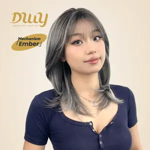 Ember H-DWY Mid-length Stright Grey Black with Highlights and Bangs Glueless Synthetic Wig for Women 18 Inches