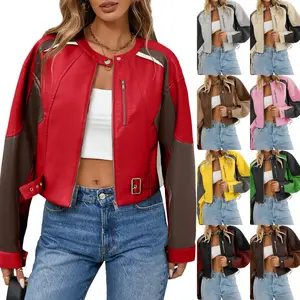 FMEYOA Womens Faux Leather Bomber Jackets Cropped Zip Up Color Block Fall Casual Moto Biker Coats