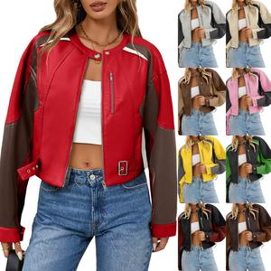 FMEYOA Womens Faux Leather Bomber Jackets Cropped Zip Up Color Block Fall Casual Moto Biker Coats