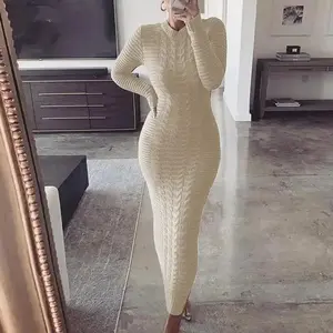 Women Long Maxi Sweater Dress Sexy Half Turtlenck Long Sleeve Tunic Knitwear Ankle Length Bodycon Party Dresses