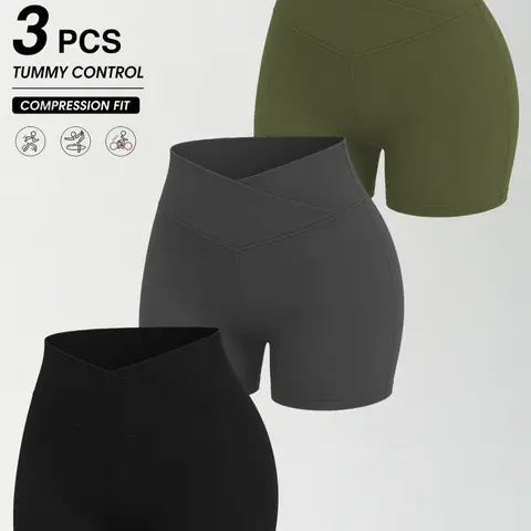 POBODO Women's 3-Pack Cross V-High Waist Yoga Biker Shorts - Tummy Control, Non-See-Through, Quick-Dry, Stretch Compression Polyester, Body Shaping, Tight Fit, High-Waisted Butt Scrunch Activewear Athletic Fitted Sports Shorts for Fitness, Gym, Tight Fit
