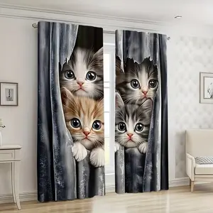 Cute Cat Print Curtains Set of 2, Modern Style Design, Durable Polyester Fabric, Ideal for Living Room and Bedroom Home Decor