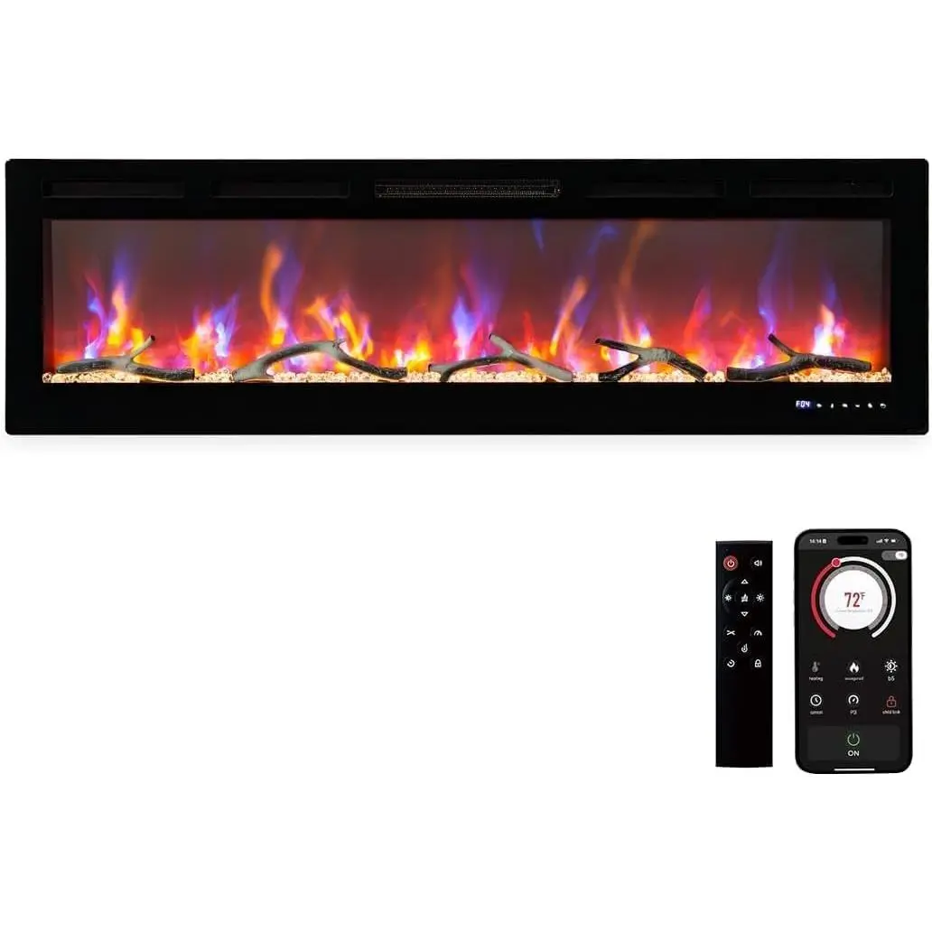 80" Built-in Electric Fireplace with WiFi & Remote,Recessed Wall-Mounted Heater for Living Room & Bedroom,12 Flame Colors,Adjustable Thermostat,Low Noise,Modern Smart Home Fireplace,Black