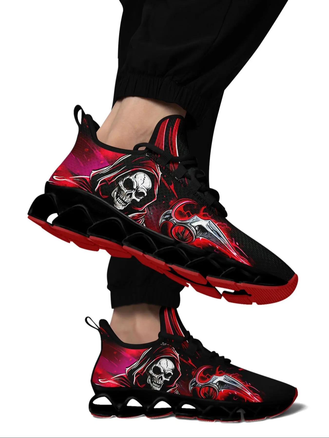Men's Skeleton & Scythe Print Lace Up Front Sneakers, Workout Sneakers, Casual Comfortable Breathable Trendy Sports Running Shoes, Gym Training Sport Walking Shoes, Athletic Shoes