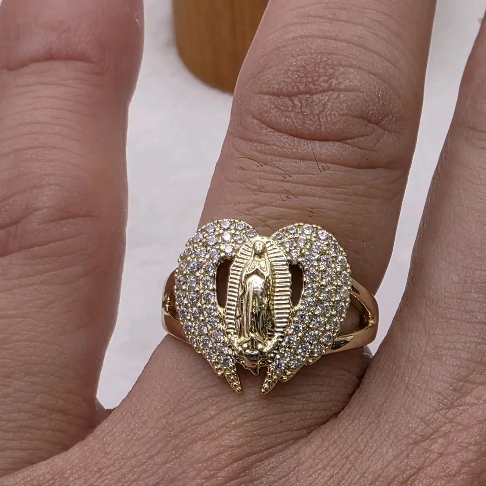 14k Gold-Plated High-Quality Diamond-Accented Virgin Mary Ring, Daily Wear Jewelry for Versatile Occasions
