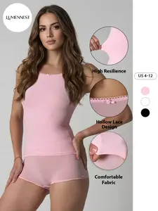 LUMENNEST Women's Athletic Solid Color U-Neck Lace Trim Tank Top & Shorts Co-ord, Sleeveless Sport & Outdoor Two Piece Outfits, Basic Lightweight Shapewear