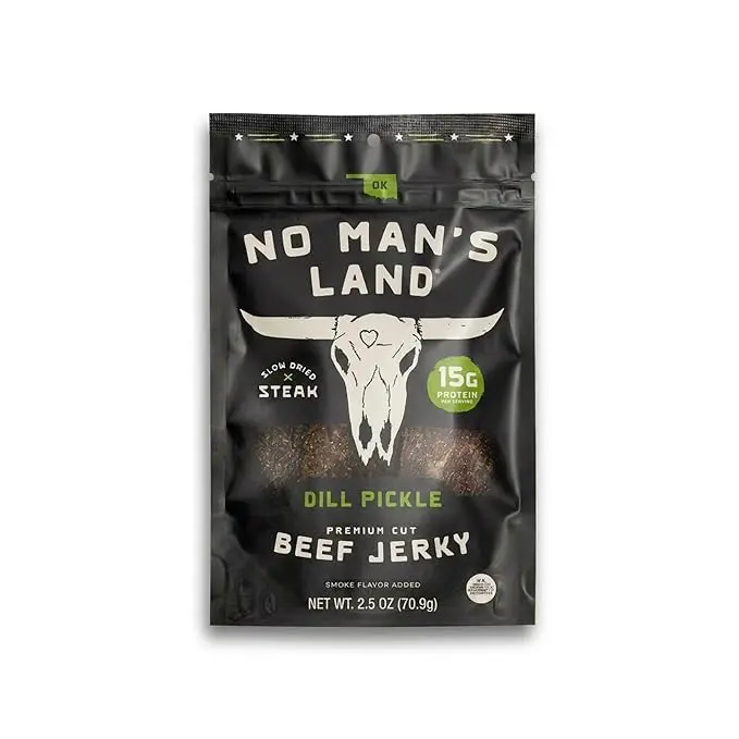 No Man's Land Dill Pickle Beef Jerky, Premium Hand-Cut Slow-Dried Steak, 15g Protein, 1g Sugar, No MSG, On-the-Go High Protein Snack