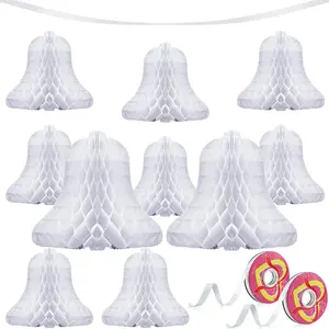 10 Pcs Hanging Honeycomb Wedding Bells Decorations with 2 Rolls Ribbon for Weddings Parties Bridal Reception 7.9 Inch 11.8 Inch White