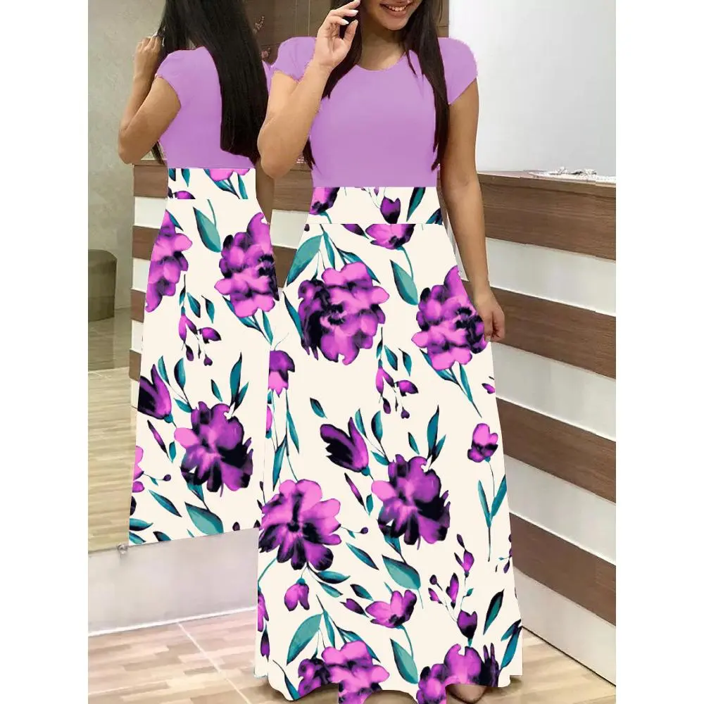 Women'S Plus Size Floral Print Colorblock Midi Dress with Short Sleeves - Elegant Crew Neck, Medium Stretch Polyester Fabric, All-Season Wear Women'S Plus Size Floral Print Colorblock Midi Dress with Short Sleeves - Elegant Crew Neck, Medium Stretch Polyester Fabric, All-Season Wear