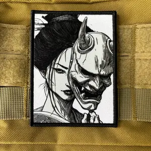 Bishamont Mask Devil Tactical Patch, Japanese Style Morale Patch, Dark Personality Arm Band, Velcro Backing, Tactical Gear Accessory