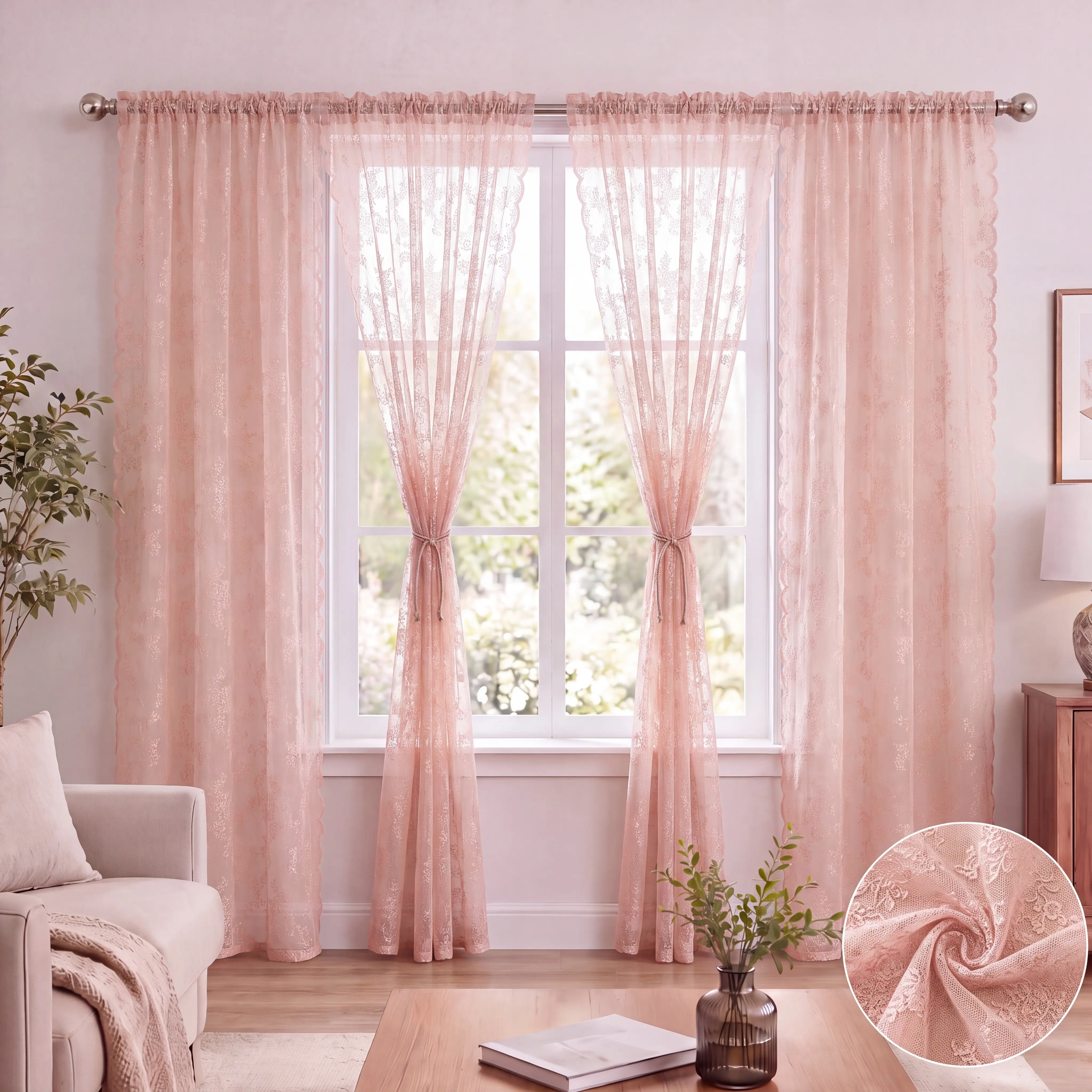 4-Piece Warp Knitted Breathable Mesh Curtain Panels, 52x95in Rod Pocket Light Filtering Drapes with Lace Trim, Flat Woven Floral Weave Elegant Home Decor for Bedroom, Living Room (L46 822)