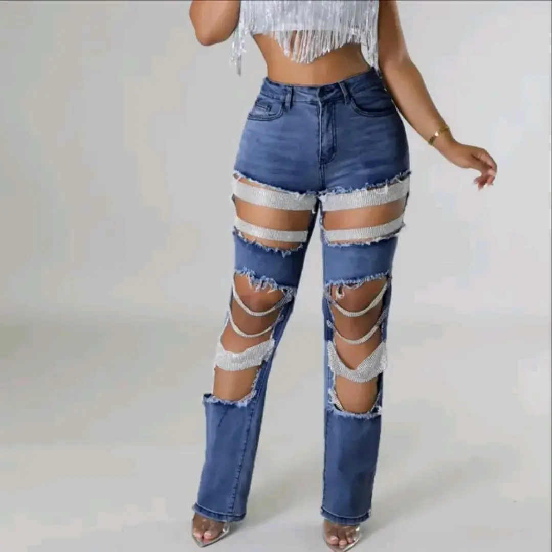 Women's Pearls Lady Jeans - High Waist Bottoms - Womenswear Elegant  Comfort rise