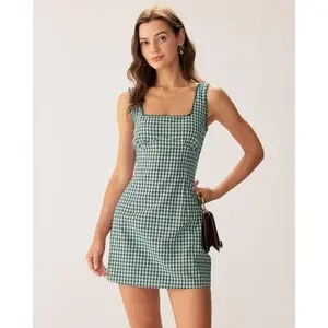 Green Plaid Square Neck Slip Mini Dress