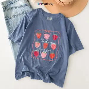 Comfort Colors Teacher T-Shirt, Cute Teacher Gifts, Spring Floral Teacher Shirt, Teaching Appreciation Shirt For Women, Strawberry Bow Graphic Tees - TrendWear USA