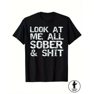 Men's Cotton Short-Sleeve Loose T-Shirt - Knit Fabric Menswear, Alcohol-Free Sober Recovery Theme, Black Background with White Letters, Lightweight Washable Top for AA Meetings, Casual Wear,summervibes