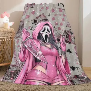 Pink Ghost Face Playing Card Flannel Blanket Ultra Soft Cozy Warmth Lightweight Design for Bedroom Living Room Lounge Festive Decor Ideal for Gifting Parties Daily Use All Season Long