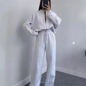 Autumn and winter new solid color zipper cardigan women's fashionable casual straight leg pants set women's clothing