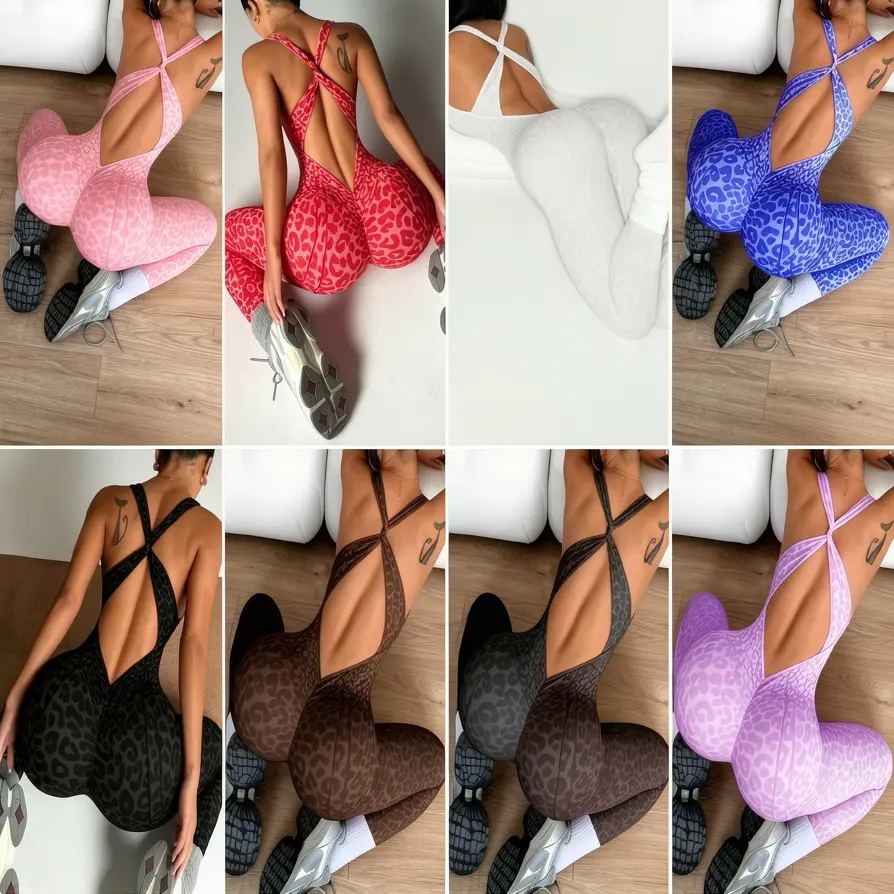 Leopard Print Jumpsuit for Women, Seamless Body-Contouring Bodysuit with Strappy Back, Squat-Proof Yoga Activewear, 8 Pack, Body-Hugging, S, Sports, Body Contour, Yoga Wear