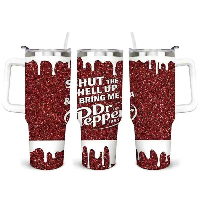 Premium Dr Pepper Inspired 40oz Tumbler Collection - 23 Flavors Aesthetic Travel Mug - Glitter Drip & Retro Logo Designs - Insulated Stainless Steel Cup with Handle & Straw - Fits Car Cup Holder - Ultimate Gift for Dr Pepper Fans