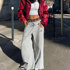 American Retro College Style Double Waist Fake Two-Piece Sweatpants for Men & Women Comfortable Breathable 2025 Casual Loose Fit  Bottom Trouser Bridal Fitted
