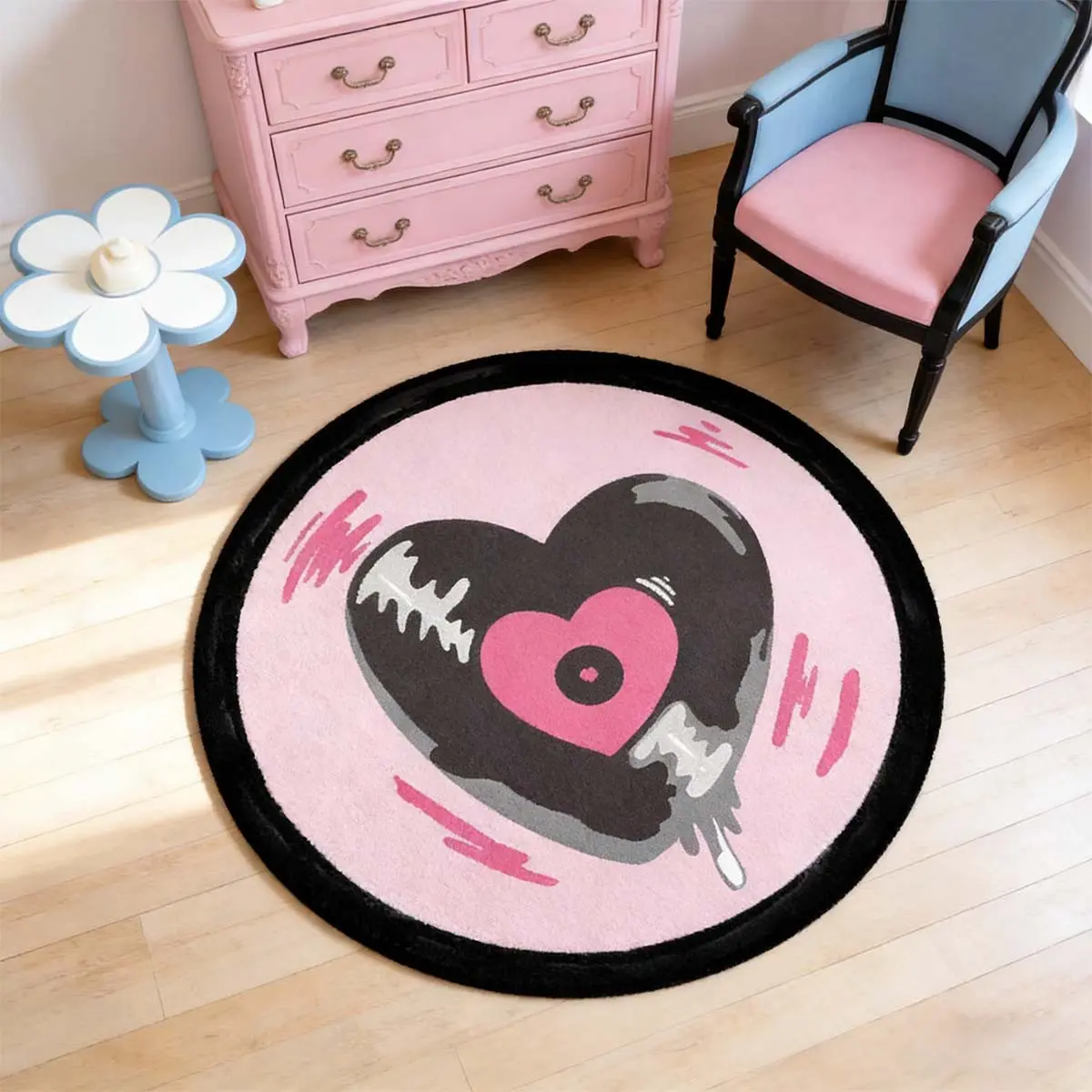 Heart Graffiti Round Carpet, Soft Comfortable Plush Foot Pad, Fashion Vintage Valentine Home Decor, Decorative Rug, Soft Rugs, Hand Wash Only