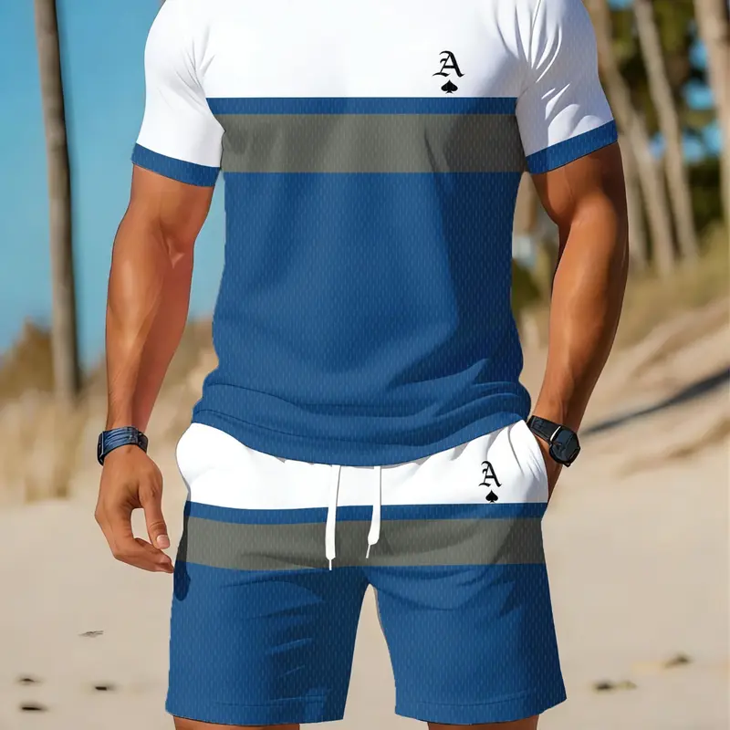 Men's Casual Sport Set, Striped Short Sleeve T-Shirt + Shorts, Beach Breathable Quick-Dry Two-Piece Set, All Seasons, Contemporary Style, Sportswear Shorts Set, Quick Dry Outfits