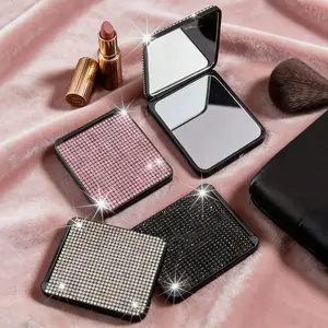 Square Makeup Mirror, New Style Creative Luxury Shimmer Diamond Portable Dual-Sided Folding Lipstick Mirror, Perfect for On-The-Go Touch-Ups