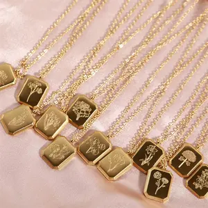 12 Month Flower Necklace Square Birth Flower Pendant Necklace Female Birthday
