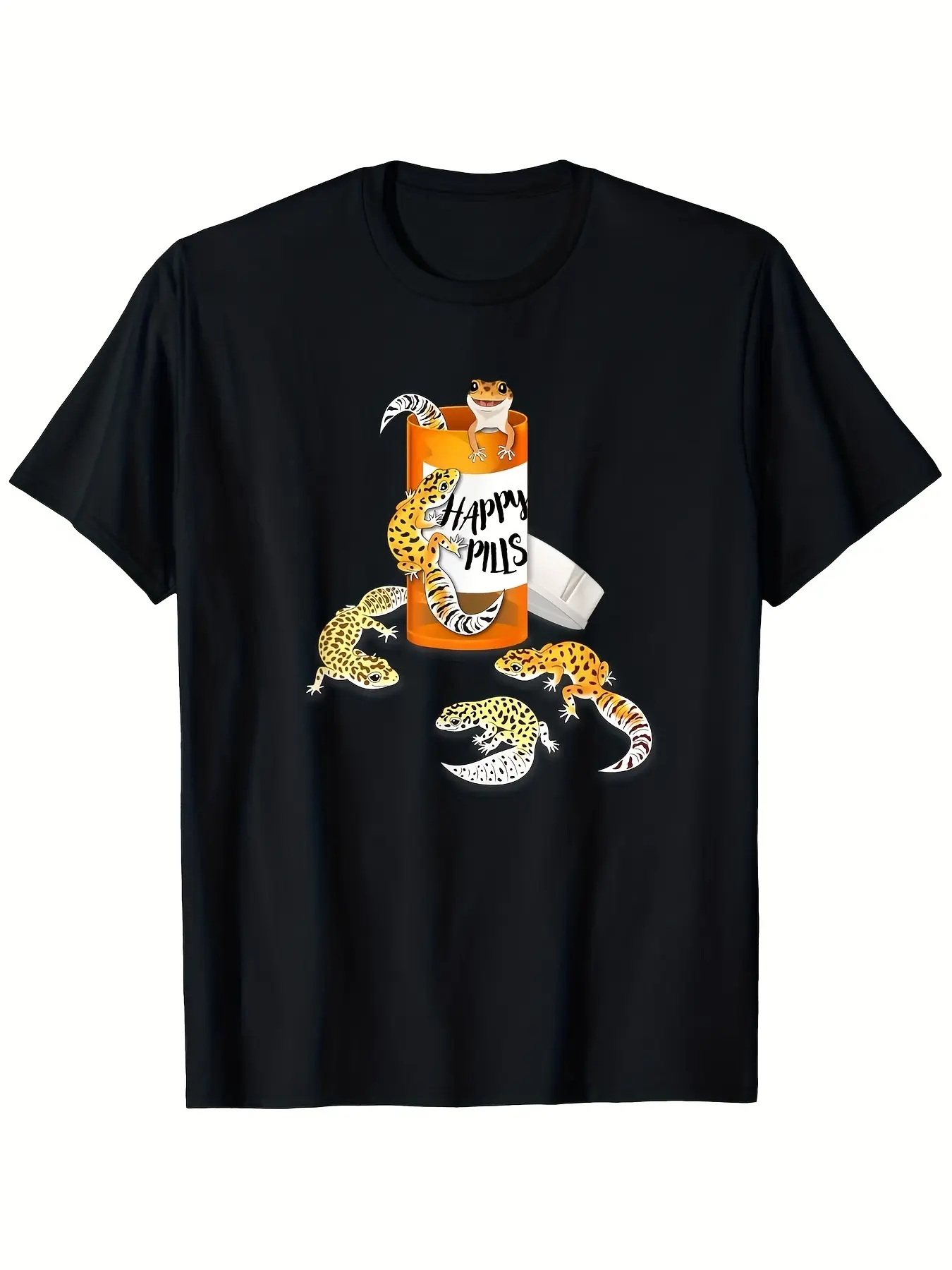 Leopard Gecko Graphic T-Shirt for Adults, Vintage Style 'Reptile Happy Pills' Print, Short Sleeve Polyester Crewneck Top, Shortsleeve, Fabric, Fit, Knit, Round Neck, Tshirt, Stretch, Menswear, Crew Neck