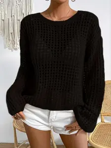 Women's Fashion Hollow Out Knit Pullover, Spring Summer Casual Holiday Wear, Loose-Fitting Plain Sweater for Daily Use