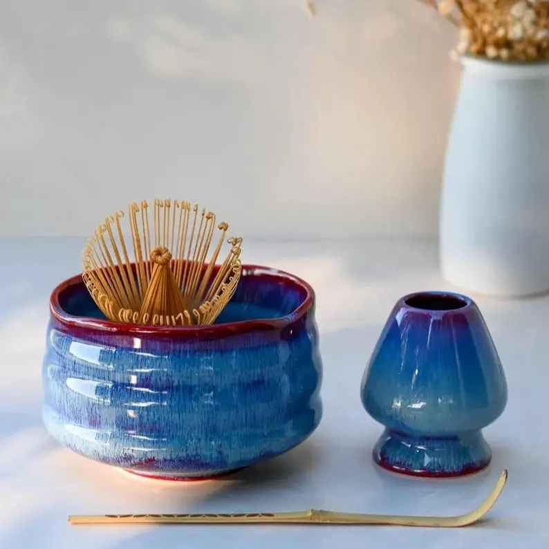 Blue Ceramic Matcha Tea Set – 16 oz Handcrafted Bowl, 100 Prong Bamboo Whisk, Whisk Holder & Chashaku Spoon for Matcha Lattes & Tea Lovers
