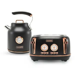 Haden Dorset Electric Water Kettle & 4 Slice Wide Slot Toaster, Black & Copper