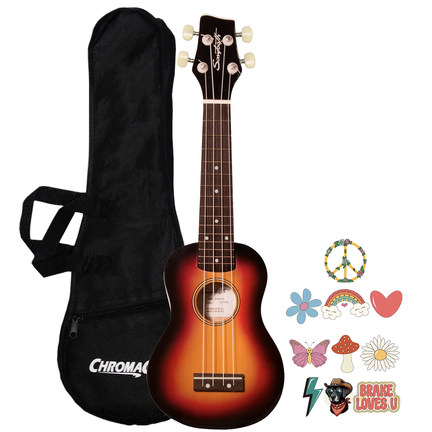 Sawtooth Sunburst Basswood Soprano Ukulele w Gig Bag and Official Brake Stickers