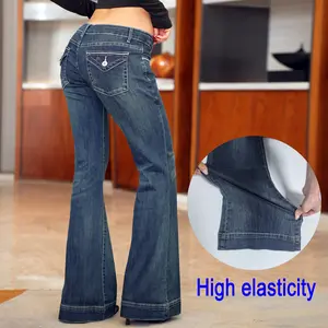 Women's Classic Vintage Versatile Low Waist High Stretch Flared Jeans Ladies Long Pants Female Slim Fit Butt Lifting Real Back Pocket Leggings Casual Loose Draped Floor Length Bell Bottom Jeans