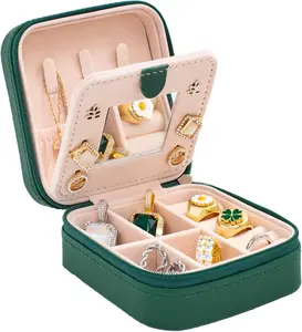 Travel jewelry case Travel jewelry box Travel Jewelry Organizer Small box Gift for Girls Women with Mirror(Green)