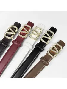 Women's belt with a business high-end V-shaped gold buckle with rhinestones, simple genuine leather belt, versatile and elegant accessory