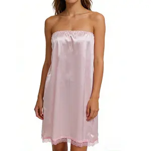 Women's Strapless Mini Nightdress Sleeveless Satin Lace Trim Hem Dress Sleepwear Lingerie Chemise