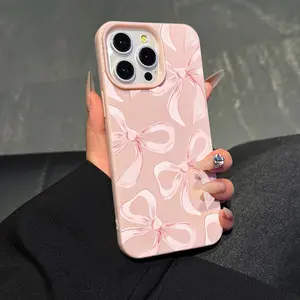 Lychee Pattern Pink Bow Pink Mobile Phone Case, Suitable for 16promax Mobile Phone Case 15promax protective case Smartphone Cellphone