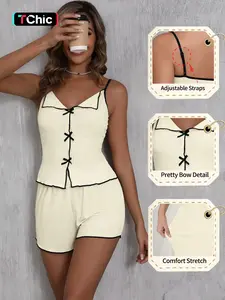 Women's Ribbed Cami Top & Shorts Pyjama Two-piece Set, Casual Comfy Loungewear Set for Women, Comfy Loungewear Set for Daily Home Wear, Camisole Sets