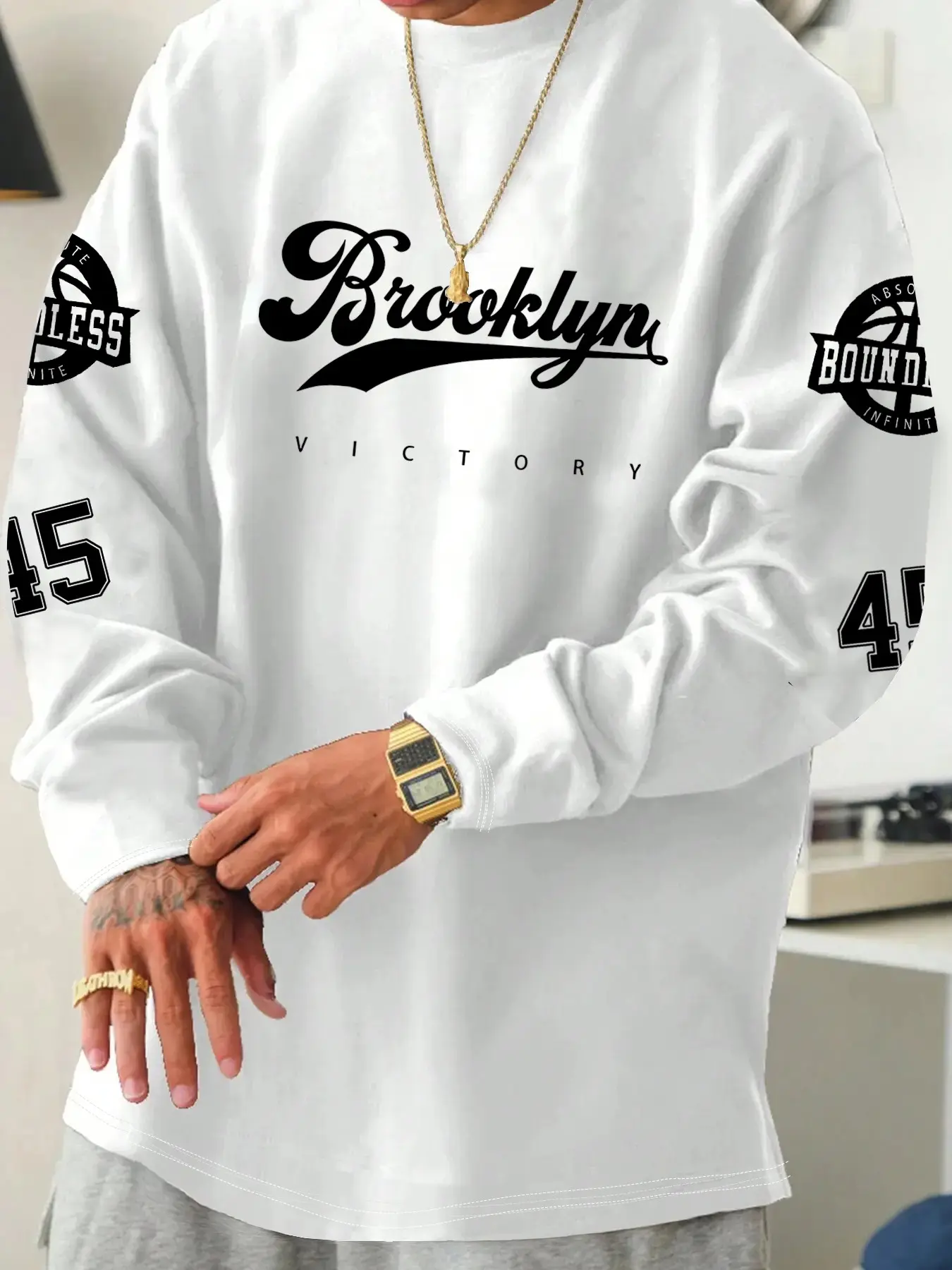 Heavyweight "Brooklyn Victory" Graphic Sweatshirt for Men - Retro Athletic Number 45 Print Long Sleeve Top - High Street Loose Fit Pullover for Urban Exploration & Skater Style