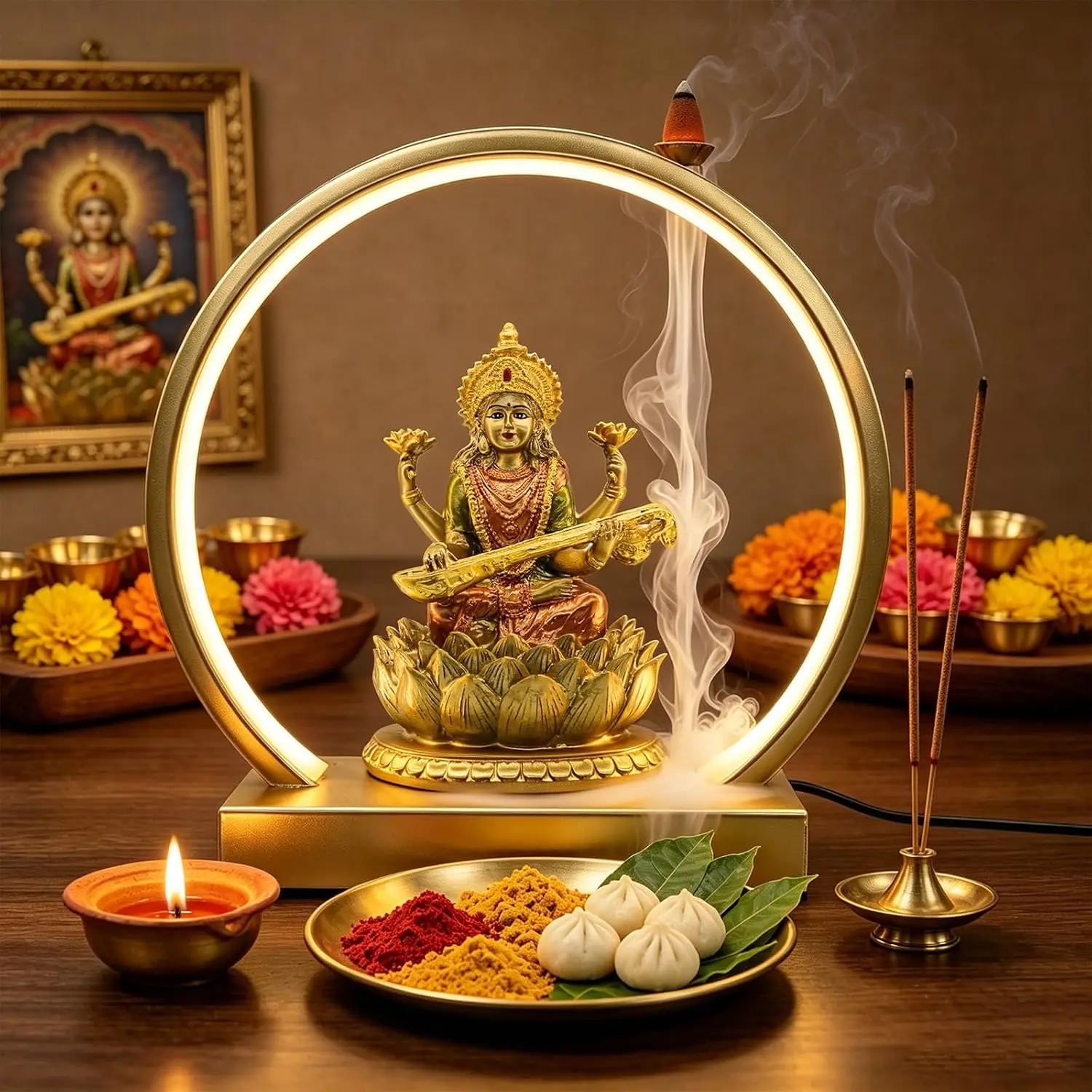 Saraswati Murti with USB LED Diwali Light & Backflow Incense Pooja Decors | 10"H Resin Saraswati Goddess w/ Electric Light for Diwali Decoration Hindu Mandir Puja Item Vasant Panchami Gift
