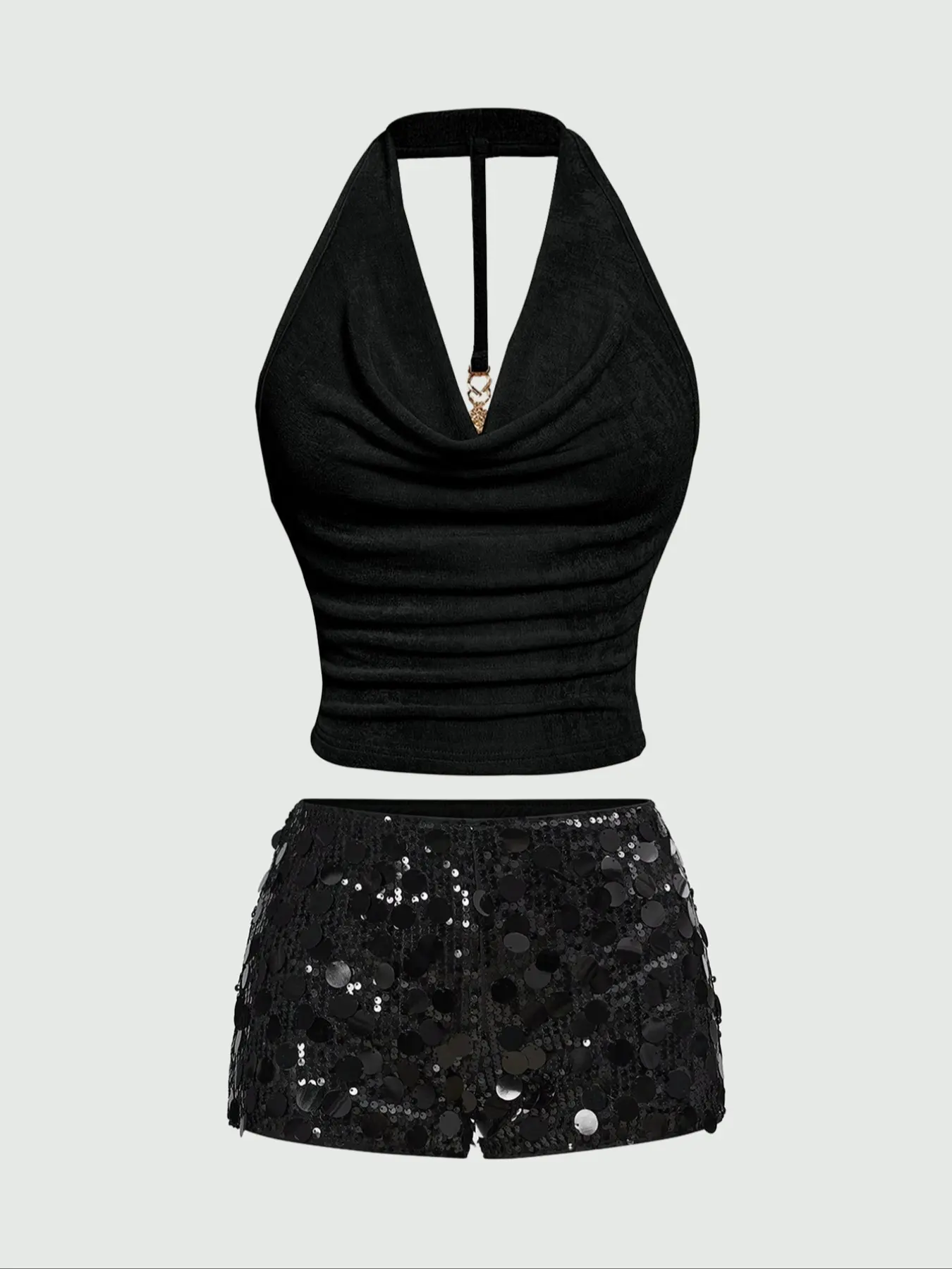 Ladies' Fashion Two-Piece Set Solid Color Halter Neck Sequin Shorts Outfit, New Casual Women's Wear.