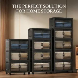 Foldable Storage Cabinet with Doors, Stackable Plastic Storage Organizer with Clear Magnetic Door, Large Capacity Storage Bins with 360° Lockable Wheels for Bathroom Bedroom Kitchen Laundry
