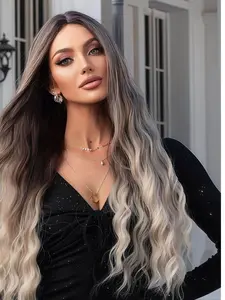 3-Tone Ombre Gray 13×4 Lace Front Wig, Free Parting, Natural Hairline, High-Temperature Resistant Synthetic Fiber, Suitable for Gray-Themed Stage Looks, Coachella Festival, Women's Parties, Cosplay, and Performances, 28-Inch Synthetic Straight Wig